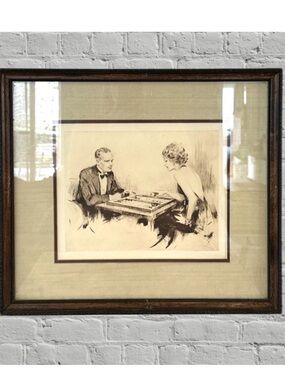 ANTIQUE FRAMED PRINT MAN WOMAN LOVE ETCHING SIGNED GERBERT WEATHERLY CHESS